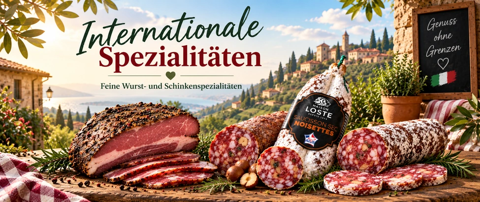 Internationale Wurst- und Feinkostspezialitäten mit Pastrami und Salami