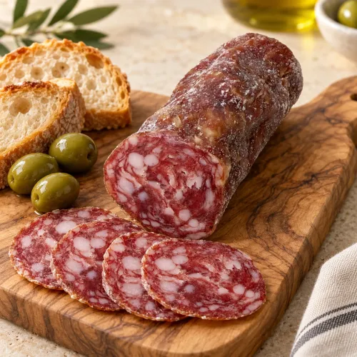 Preview: Salame al Tartufo mit Salami-Scheiben, Brot und grünen Oliven auf einem Holzbrett