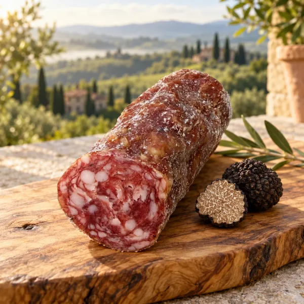 Angeschnittene Salame al Tartufo mit schwarzen Trüffeln vor italienischer Landschaft