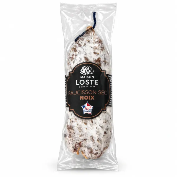 Französische Walnusssalami von Maison Loste als ganze Wurst mit Etikett